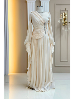 Krem Bade Abiye Elbise