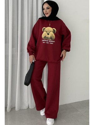 Bordo Ayıcık Desen Üç İplik İkili Takım