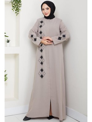 Bej Deri İşlemeli Ferace