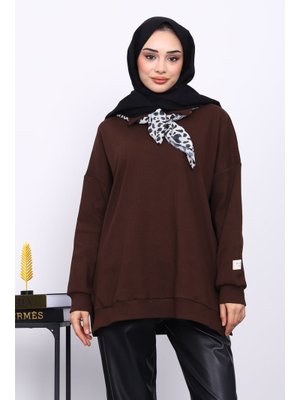 Kahverengi Yaka Fular Detaylı Tunik