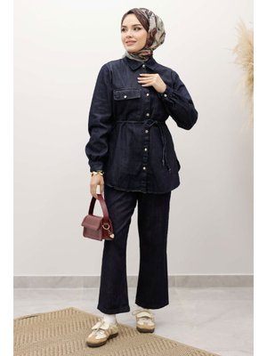 Koyu Mavi Çift Cepli Beli Bağlamalı Kot Takım
