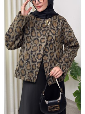 Kahverengi Leopar Desen Kaşe Ceket