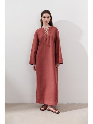 Kiremit Keten Bağlama Detaylı Elbise