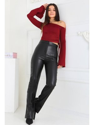 Siyah Sıyah İspanyol Paça Suni Deri Pantolon