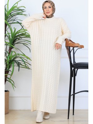 Taş Rengi Örgü Desenli Triko Elbise