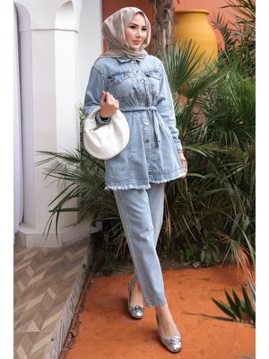 Mavi Taş İşlemeli Ceket Pantolonlu Kot Takım