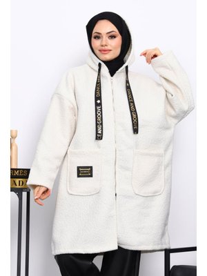 Ekru Kapüşonlu Cep Detaylı Buklet Kaban
