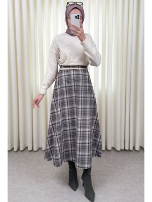 Haki Ekose Desenli Etek