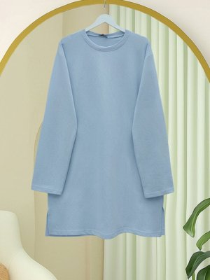 Bebe Mavi Yuvarlak Yaka Yırtmaçlı Salaş Penye Tunik