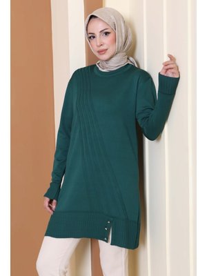 Zumrut Düğmeli Fitilli Triko Tunik Zümrüt