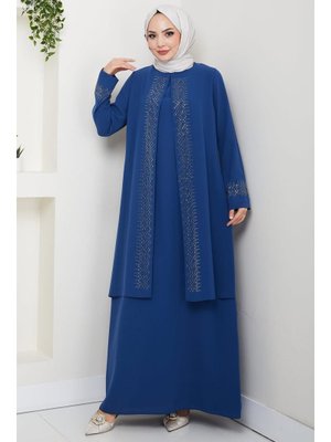 İndigo Parlak Taşlı Büyük Beden Anne Elbisesi