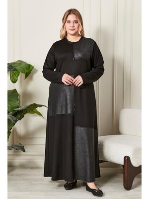 Siyah Büyük Beden Deri Detaylı Kristal Penye Elbise