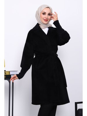 Siyah Bel Kuşaklı Çift Cepli Angora Kaban