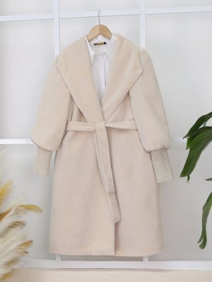 Krem Kolu Ribanalı Şal Yaka Astarlı Kaşe Kaban