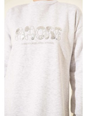 Gri Amore Nakışlı Üç İplik Tunik