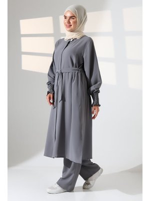 Gri Keten Hac Ve Umre Kıyafeti Kemerli İkili Takım