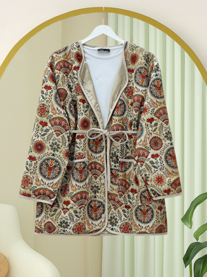 Bej Çift Cepli Çıtçıt Düğmeli Astarlı Kapitone Ceket