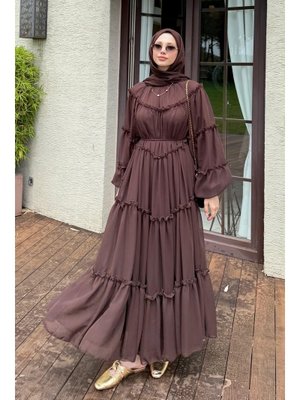 Kahverengi Şifon Fırfırlı Elbise