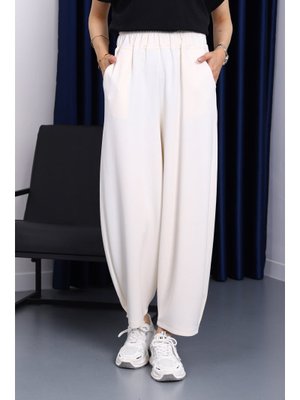 Ekru Bel Lastikli Cepli Pantolon