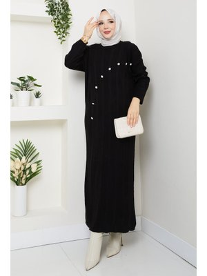 Taş Detaylı Büyük Beden Fitilli Uzun Triko Elbise