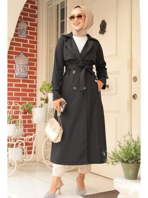 Düğmeli Siyah Trençkot 6103s