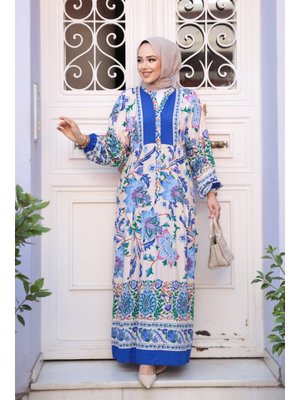 Çiçek Desenli Sax Mavisi Elbise 24012sx