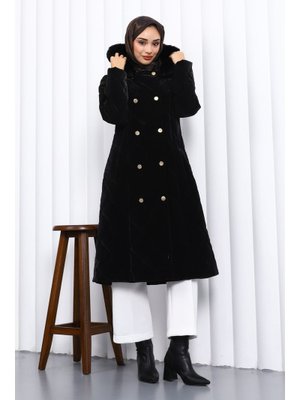 Siyah Kapüşonlu Kapitone Uzun Mont
