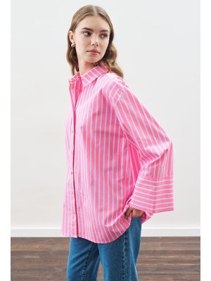 Çizgili Pamuklu Gömlek Pembe Çizgi