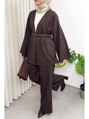 Kahverengi Kemerli Kimono Takım