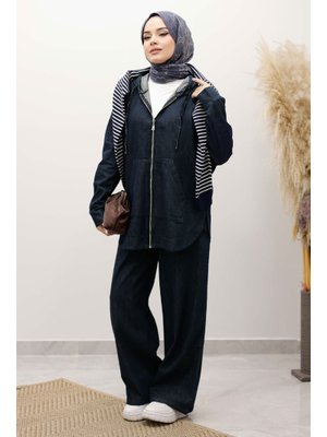 Koyu Mavi Fermuarlı Kapüşonlu Kot Takım