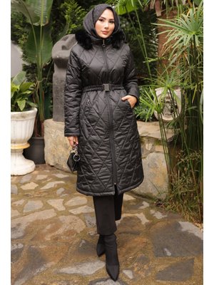 Siyah Kapüşonlu Fermuarlı Kapitone Mont