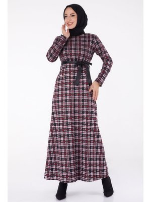 Bordo Kazayağı Desenli Kuşaklı Elbise