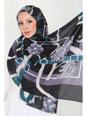 Petrol Kemerli Çiçek Bahçesi Serisi Pamuk Şal
