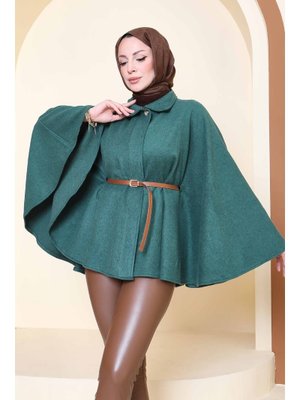 Zumrut Tek Düğmeli Kemerli Kaşe Panço Zümrüt