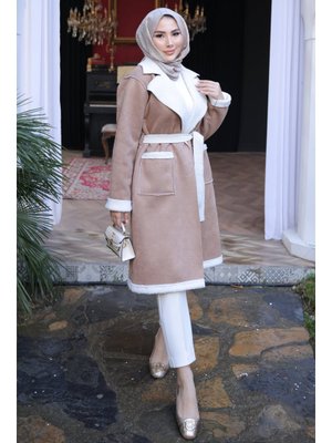 Vizon Kruvaze Yaka İçi Kürklü Süet Kaban