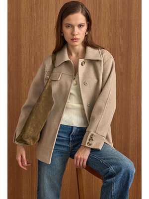 Gömlek Yaka Kuşak Detaylı Oversize Kısa Kaban Taş