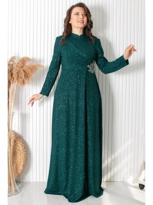 Yeşil Simli Taş Baskı Detaylı Abiye