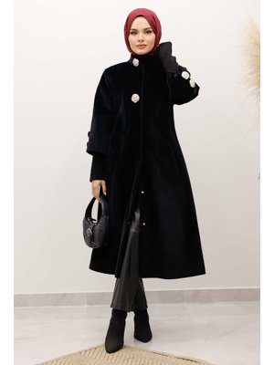 Siyah Kol Ucu Triko Detaylı Angora Fox Kaban
