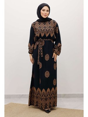 Siyah Çini Desenli Viskon Elbise