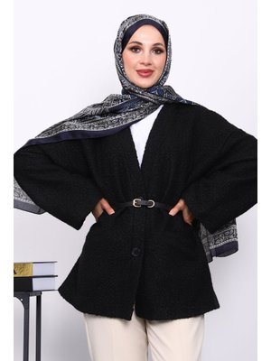 Siyah Kemerli Oversize Buklet Ceket