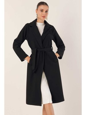 Siyah Kruvaze Yaka Kaşe Kaban