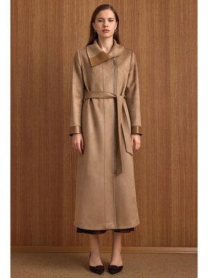 Devrik Yaka Fermuar Kapamalı Deri Garnili Süet Görünümlü Kap A.kamel