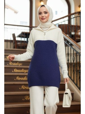 Blok Renkli İndigo Mavisi Triko Kazak Tunik 87501ım