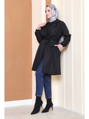 Sıyah Siyah Kuşaklı Kolu Lastikli Miranda Trençkot