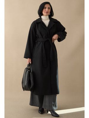 Astarlı Gizli Patlı Kuşaklı Siyah Kaşe Kaban