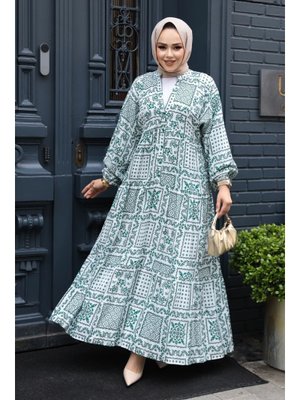 Desenli Yeşil Elbise 23587y