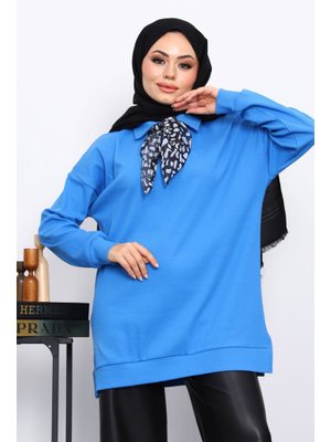 Saks Mavi Fular Detaylı Yakalı Tunik