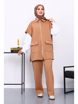 Taba Fermuarlı Yelek Pantolonlu Scuba Takım