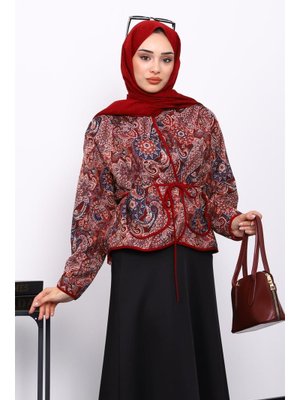 Bordo Etnik Desenli Cepli Ceket