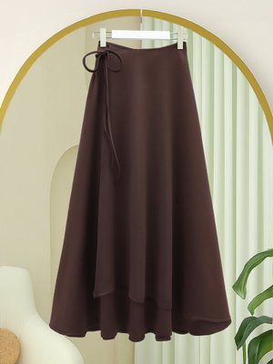 Kahve Yandan Bağlama Detaylı Katlı Fermuarlı Scuba Etek